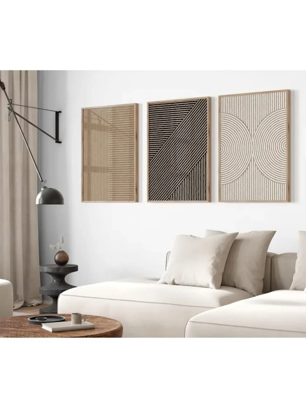 Boho Minimalist Abstract Canvas Wall Art Set of 3 - Neutral Line Art Decor for